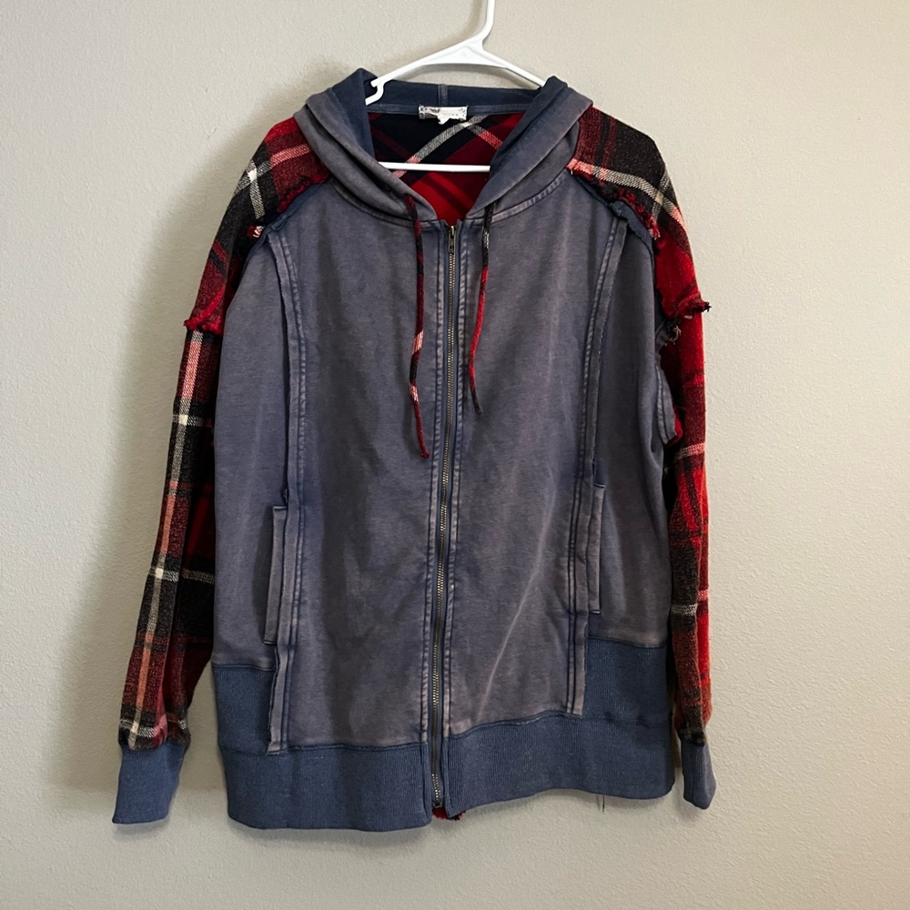 OLI & HALI oversized distressed flannel hoodie tunic mixed fabrics size S/M boho